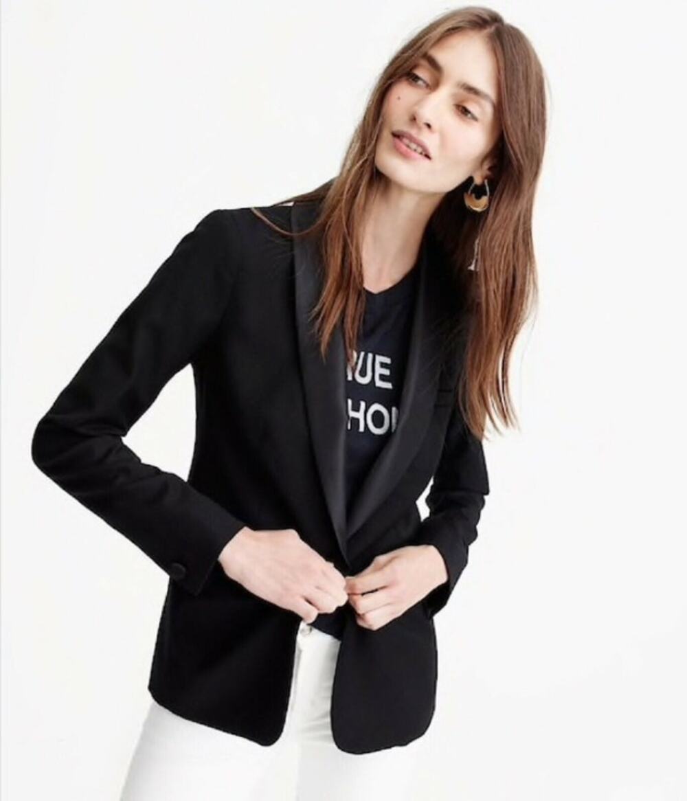 J.Crew Black 1-Button Blazer Satin Tuxedo Collar 2 style H2744 Wool Blend